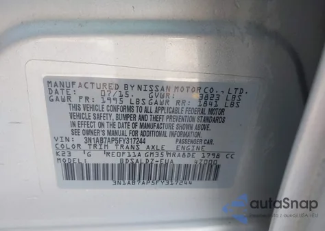 2015 Nissan Sentra Sv z USA, uszkodzony, nr VIN 3N1AB7AP5FY317244